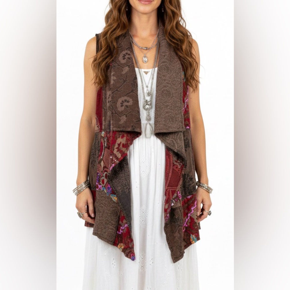 Anu Bohemian Brown Patchwork Draped Sleeveless Boho Vest Cardigan Size Medium